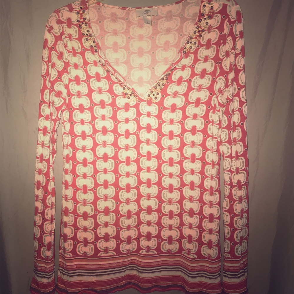 LOFT Orange Modern Print Bead Embellished Top
